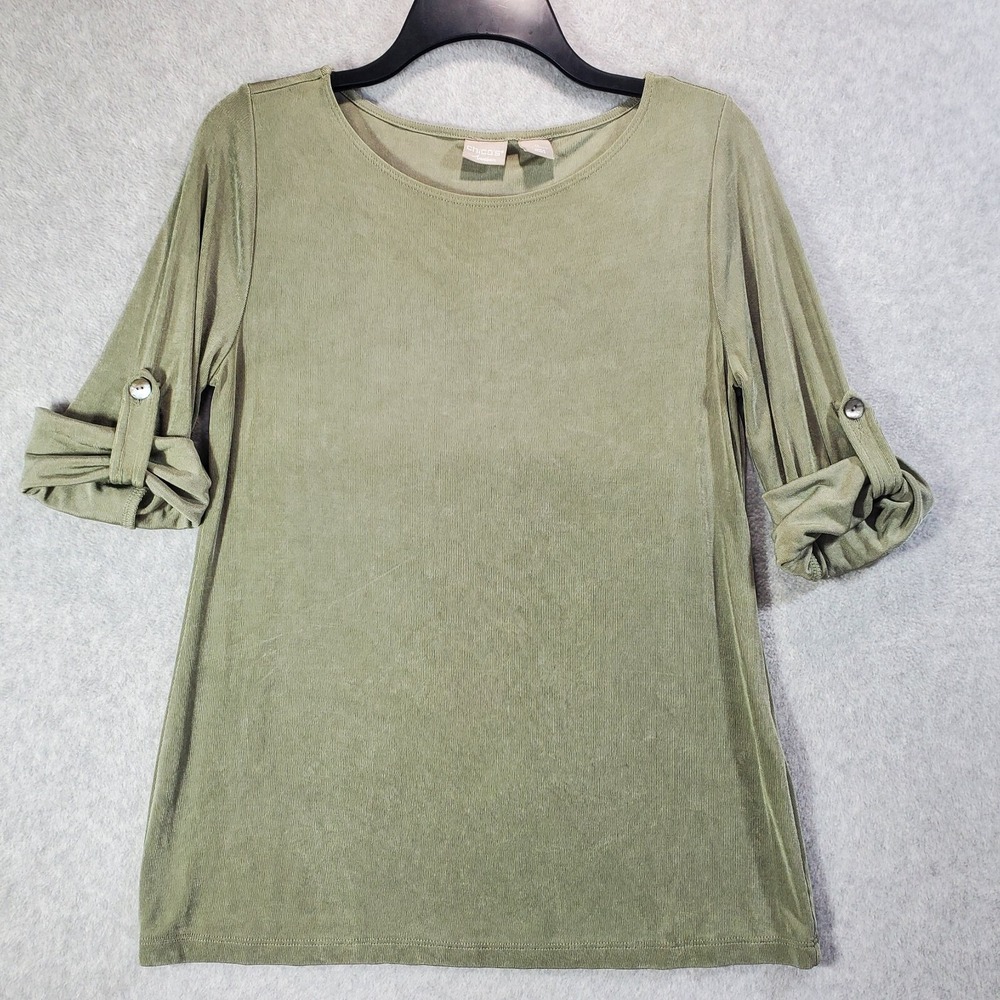 Chicos Travelers Shirt‎ Women Small Green Stretchy Slinky Cruise Casual Office